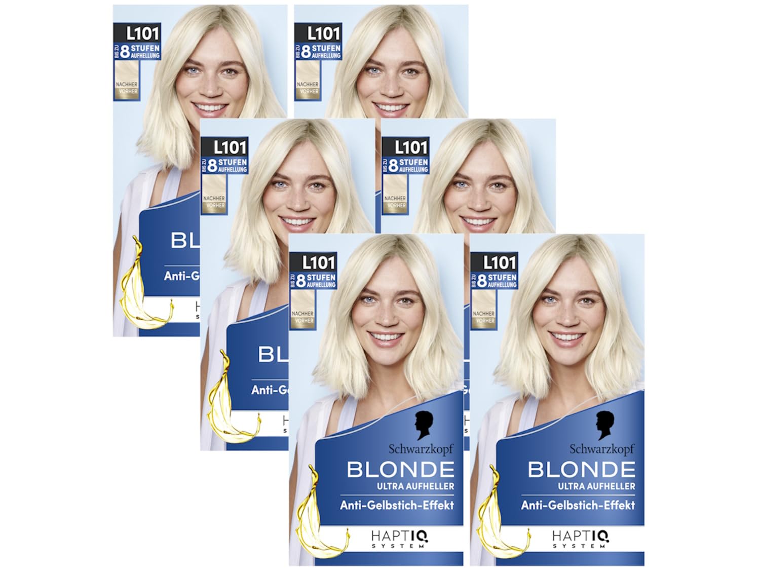 Schwarzkopf Blonde Aufheller L101 Silberblond (6x 165 ml), Haarfärbemittel für Öl-aktiviertes Haare Aufhellen mit HaptIQ System, für bis zu 8 Stufen ohne Gelbstich