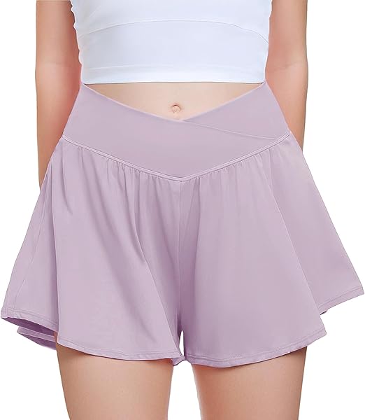 FireSwan Girls Butterfly Shorts Crossover Athletic Shorts with Pockets 2 in 1 Flowy Running Skorts for Teen, Girls, Youth