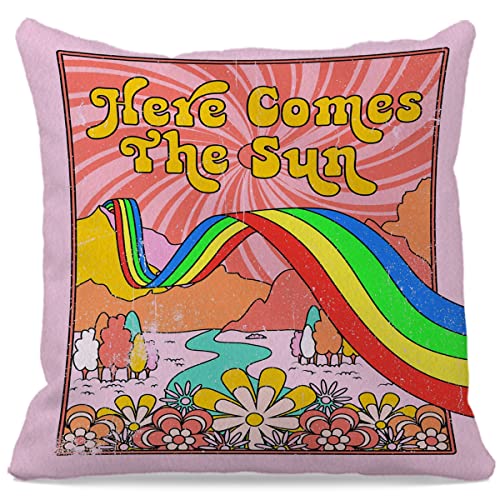Retro Boho Floral Rainbow Here Comes The Sun Throw Pillow Case 18″×18″,Hippy Pink Sunshine Sunset Decorative Cushion Cover For Home Living Room Yard Patio Terrace,Gifts For Vintage Lovers Women Girls #TOP19