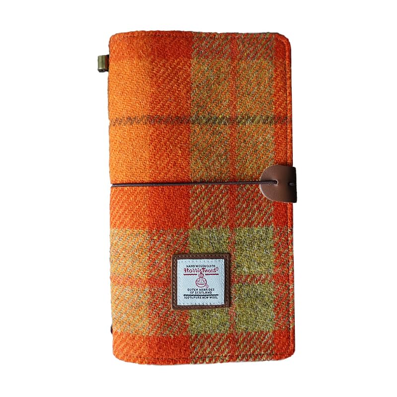 TAILORMAP Harris Tweed Travel Journal, Soft Cover Travelers Notebook - 8.7" x 5.0",Refillable with One Blank Inserts, Standard Size (Orange Plaid)