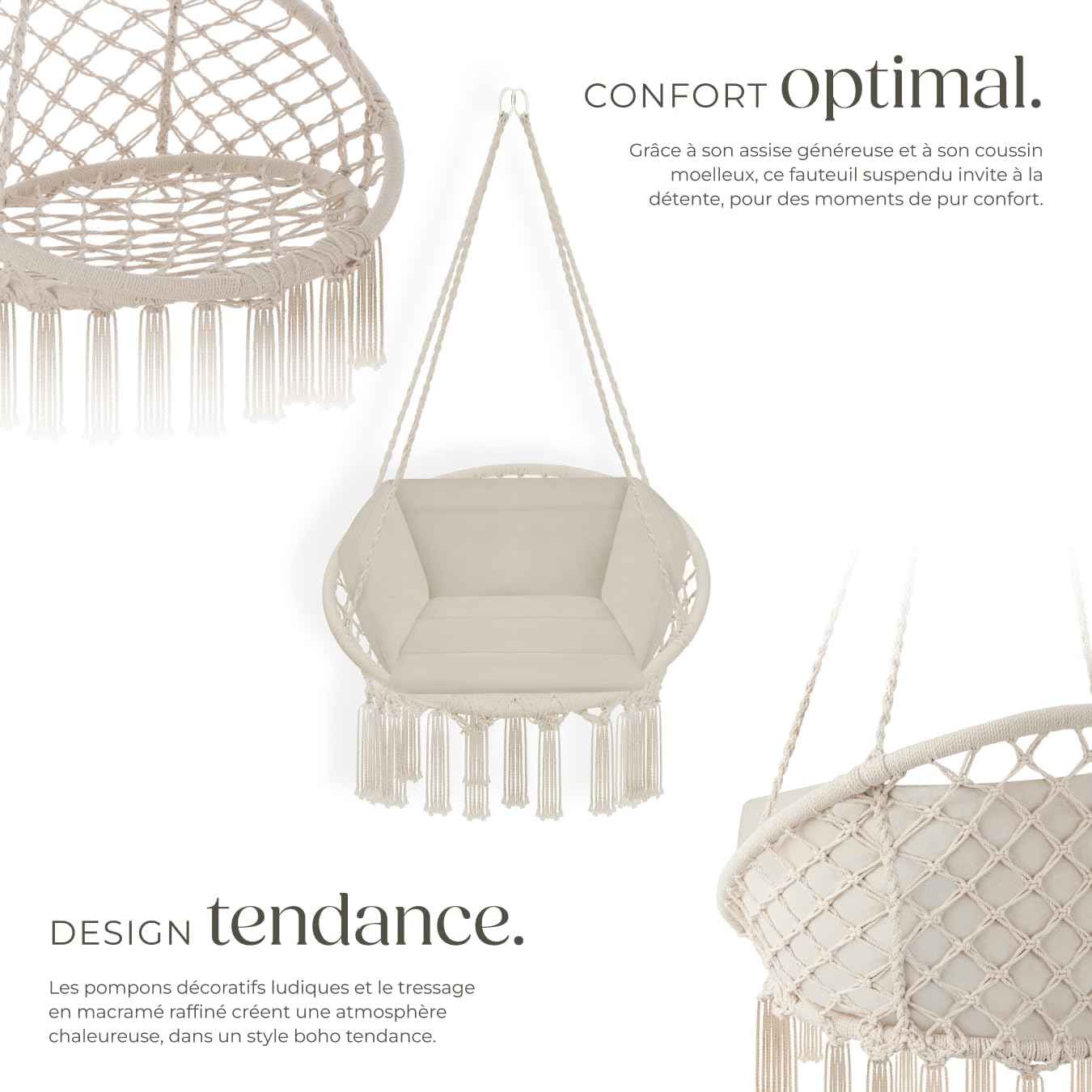 Close-up of the macrame weaving and tassels of the hanging chair