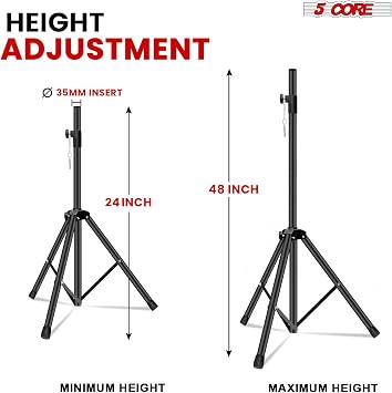 5 Core Hoparlör Standı Ağır Hizmet Tipi Tripod w/Teleskop Yükseklik Ayarı 48 inç Evrensel Montaj 35mm Uyumlu Ekleme Topuzu Stil Kilidi Sahne Stüdyo Kullanımı için Mükemmel