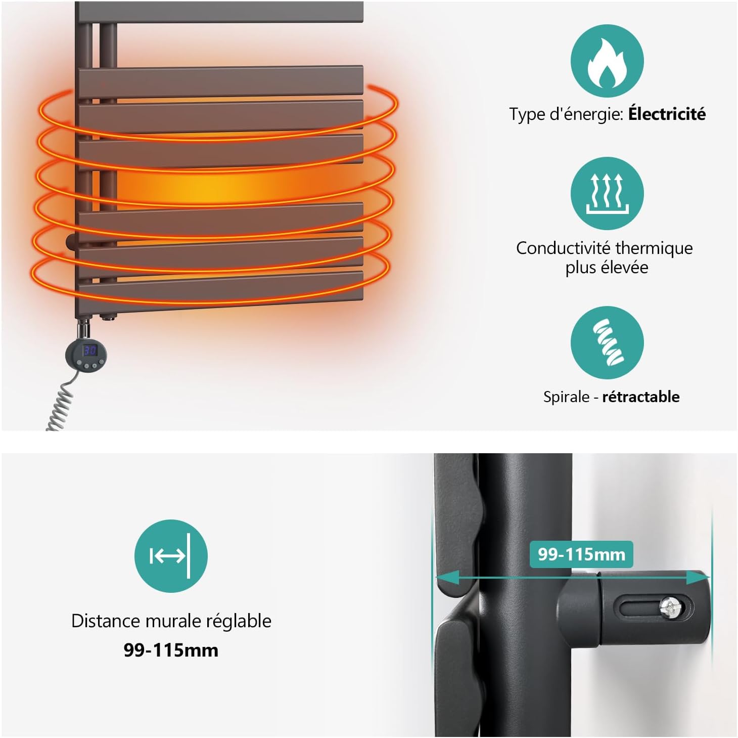 Diagram illustrating the electric heating element, high thermal conductivity, and retractable spiral cable of the towel warmer.