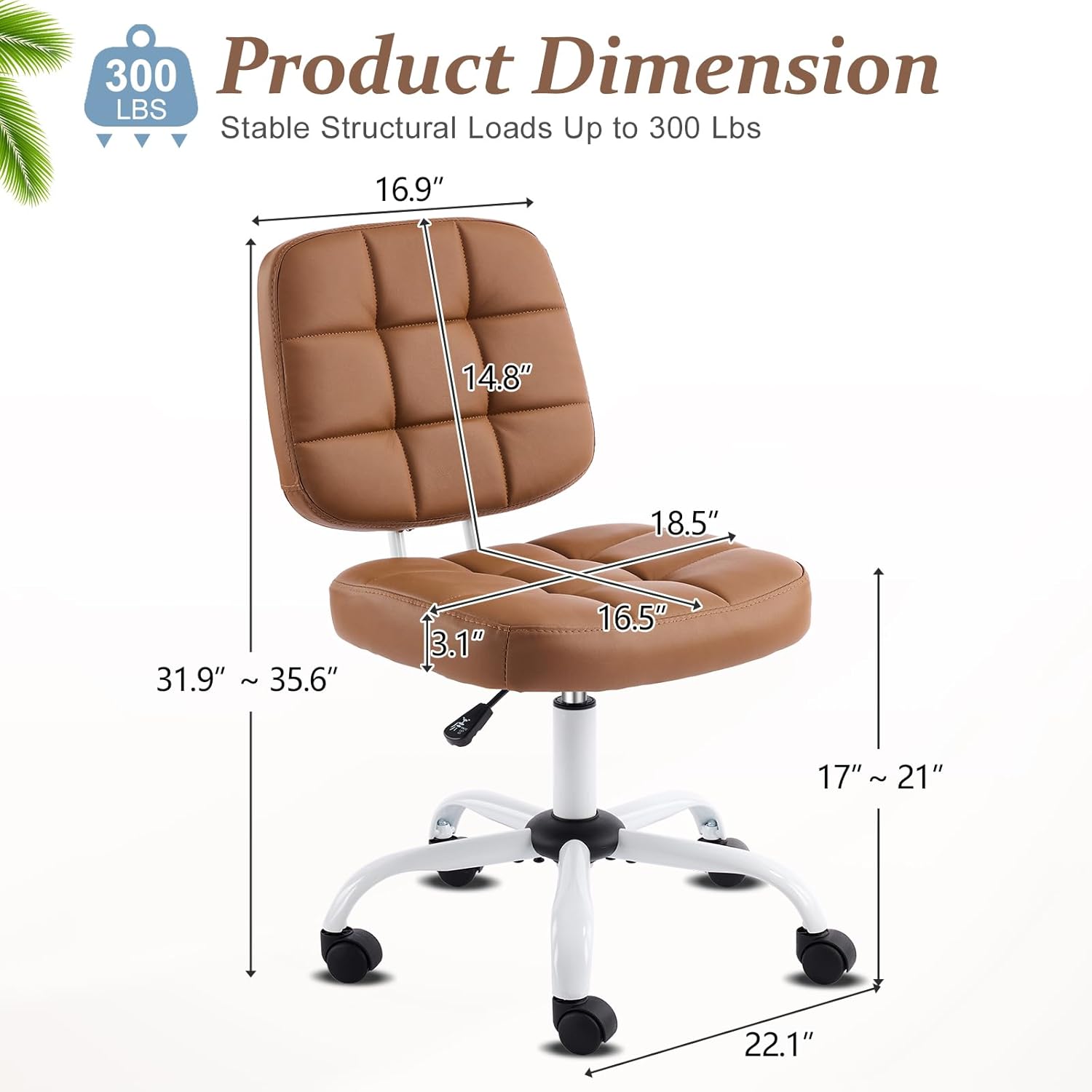 VINGLI Compact Small Desk Chair, Cute Armless Chair with Wheels, Vanity Chair with Low Back, Height Adjustable Task Chair for Small Spaces, Office, Bedroom, Make Up Room, PU Leather, Brown