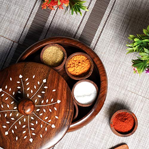 Image of Naayaab Craft Pakka Sheesham Wooden Masala Box 7 Part - Anjarai Petti - Round Design -(19X19X5) Cm, Brown