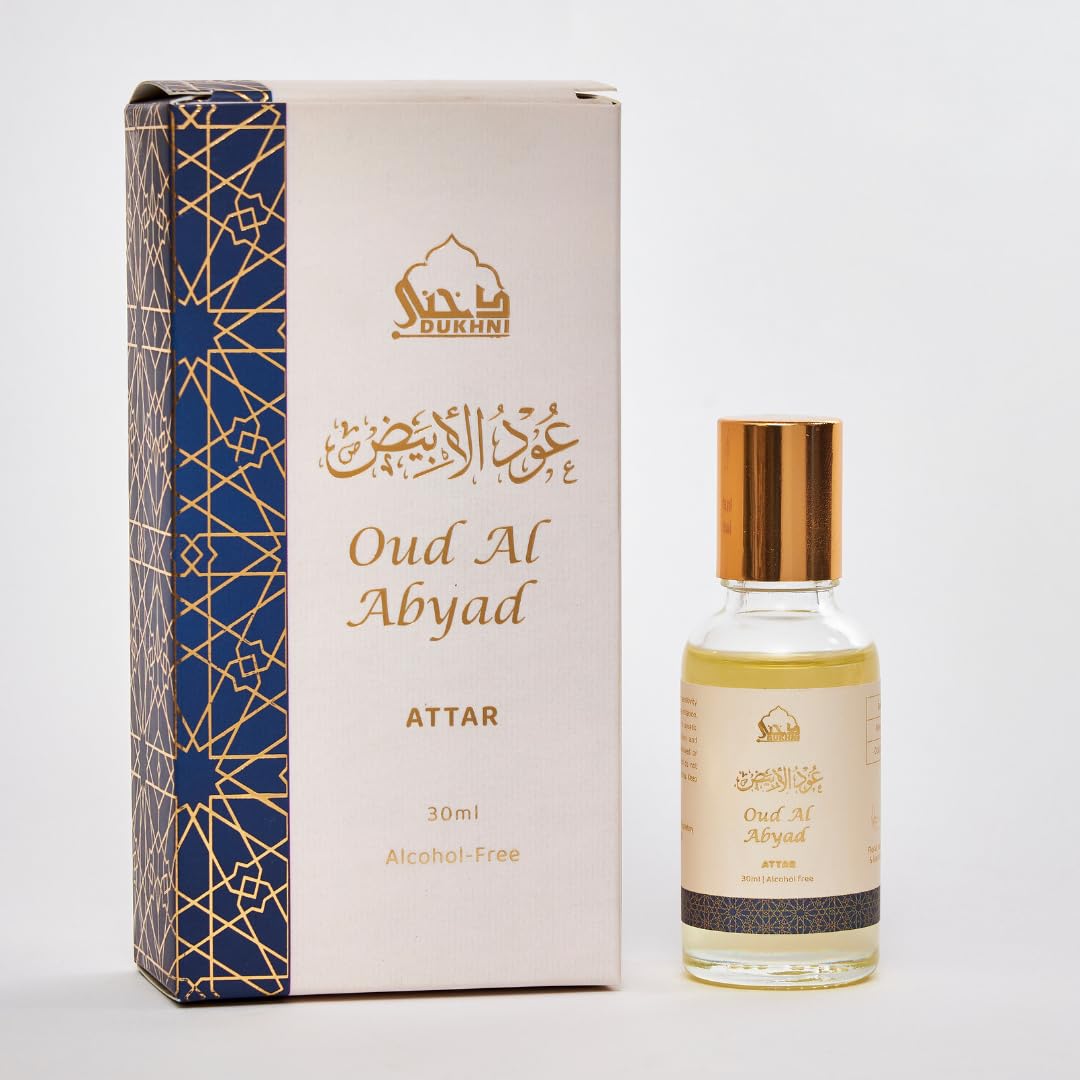 White Oud Attar Oil by Dukhni | Alcohol-Free Arabic Perfume for Men & Women | 30ml Pure Abyad Roll-On | Authentic White Oudh Fragrance | Vegan Islamic Scent
