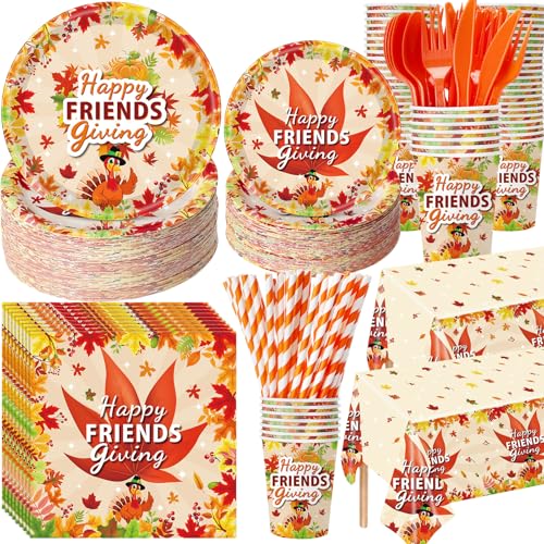 Image of Funnymoom 452 Pcs Happy Friendsgiving Party Decoration for 50, Fall Maple Leaf Friends Giving Paper Plates Napkins Cups Tablecloth Cutlery Straws for Autumn Friendsgiving Thanksgiving Party Supplies