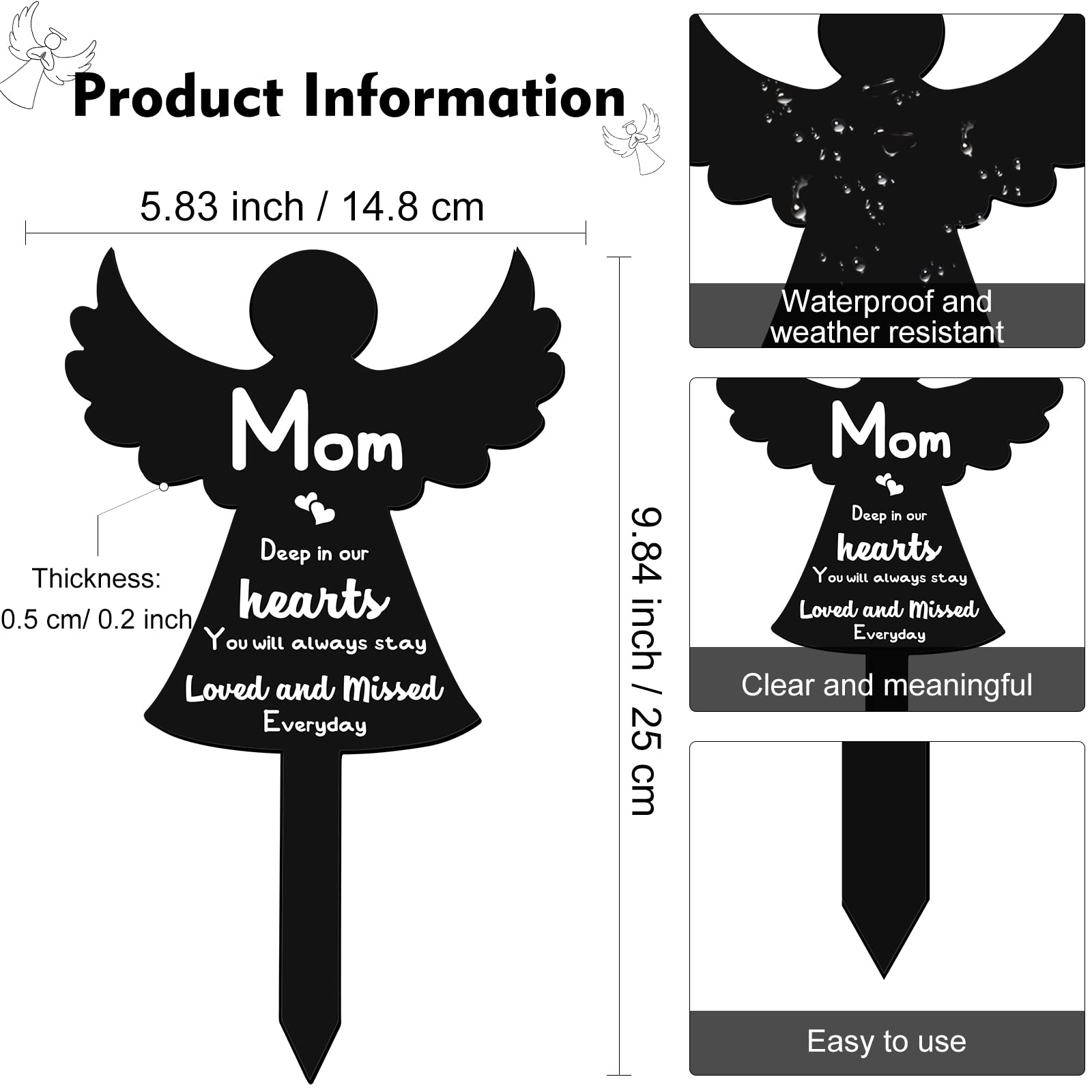 Plaque Commémorative En Acrylique En Forme De Cœur Pour Cimetière - Noir - Piquet De Condoléances - Pour L'extérieur, Cour, Tombe - Décoration Imperméable - En Forme De Cœur