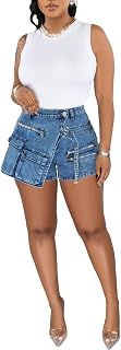 Women's Denim Shorts Cargo Y2k High Waisted Asymmetrical Pockets Jean Wrap Stretchy Skorts Streetwear Summer
