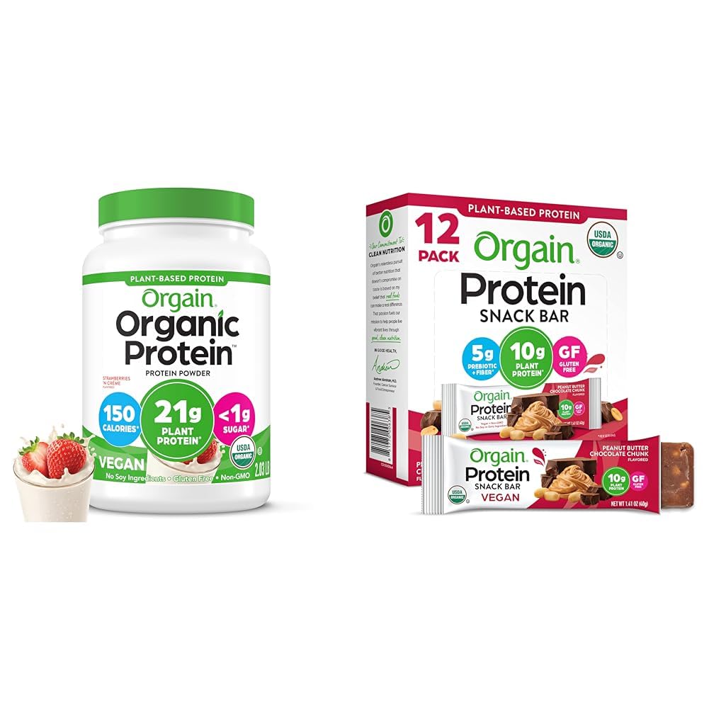 Bundle of Orgain Organic Vegan Protein Powder, Strawberries & Cream, 21g Plant Based Protein + Orgain Organic Vegan Protein Bars, Peanut Butter Chocolate Chunk,