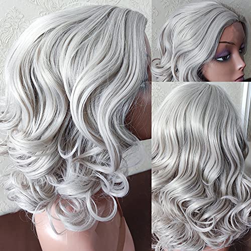 Silver White Wigs for Women Natural Wavy Short Bob Synthetic Hair Wig Natural Looking Middle Part Shoulder Length Wave M
