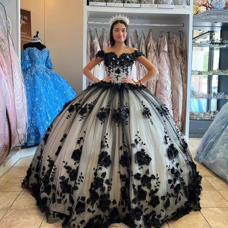 Mauuwy Black 3D Floral Tulle Quinceanera Dresses Pearly Prom Dresses with Train Beaded Off Shoulder Gothic Sweet 16 Dresses4
