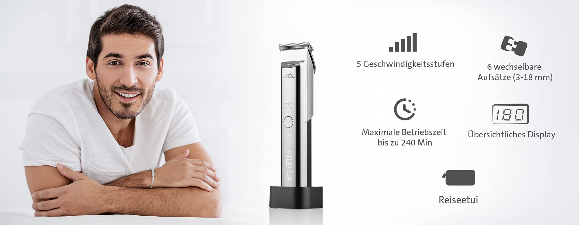 ETA Haar- und Bartschneider Tyler I 5 Geschwindigkeiten I 6 Aufsätze (3-18mm) I 240min Li-Ion Akku I Belastungsanzeige für Stufenwechsel