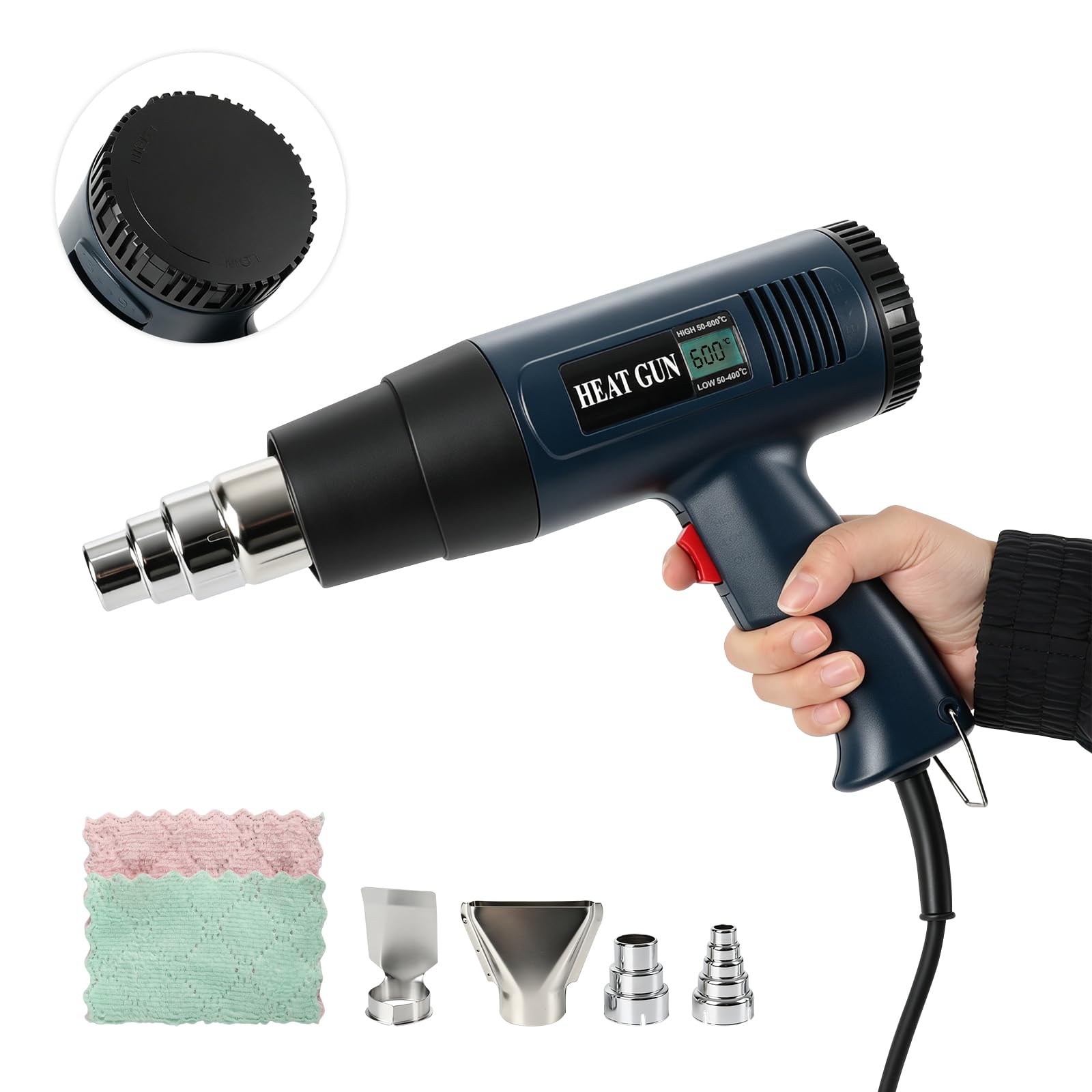 Pistolet à air chaud 2000 W, écran numérique, température réglable en continu de 60 à 600 °C, 2 vitesses 300/600 l/min avec 4 buses pour enlever la peinture et le film rétractable