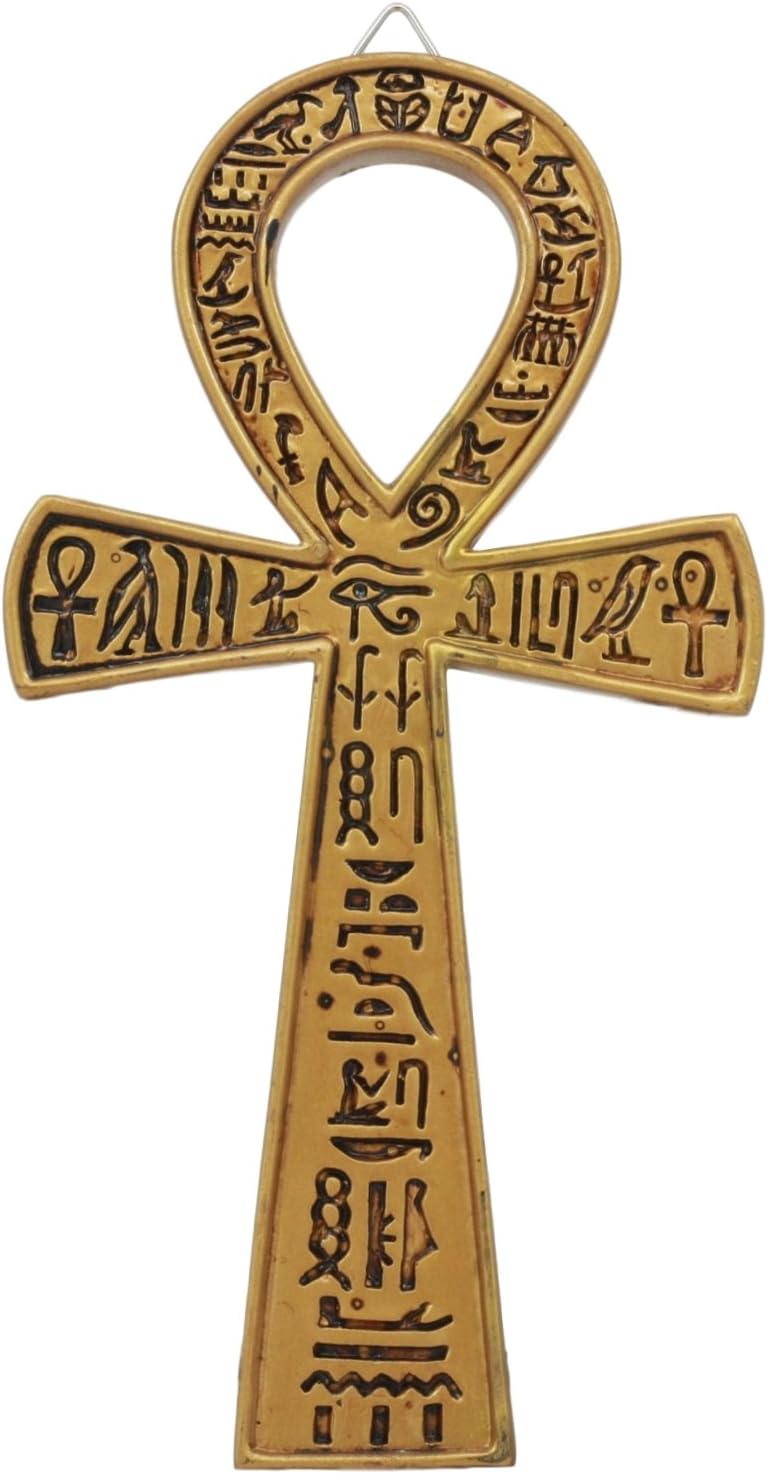 Ebros Small Crux Ansata Egyptian Golden Ankh Wall Decor Figurine 7.25"Long New Age Mysticism With Egyptian Hieroglyphs Symbol of Life Health Stability And Balance