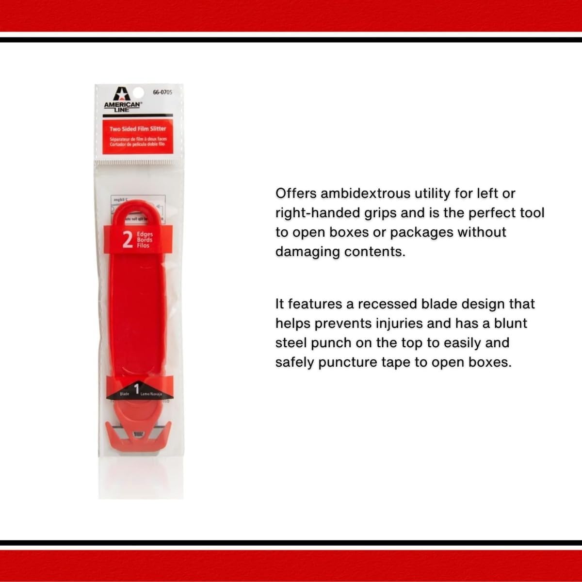 American Line Film Slitter Two-Sided Safety Box Cutter with Blunt Steel Punch - Cuts Cardboard, Plastic Wrap, Envelopes, Straps - Includes (1) Carbon Steel Blade - 66-0705