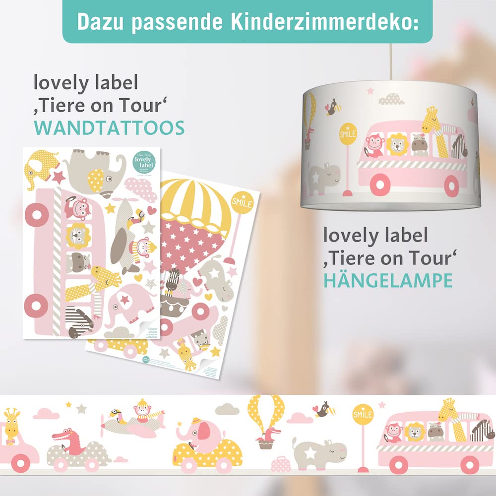 bordo autoadesivo, 450 x 11,5 cm, con motivo di escursione degli animali, rosa/beige/giallo