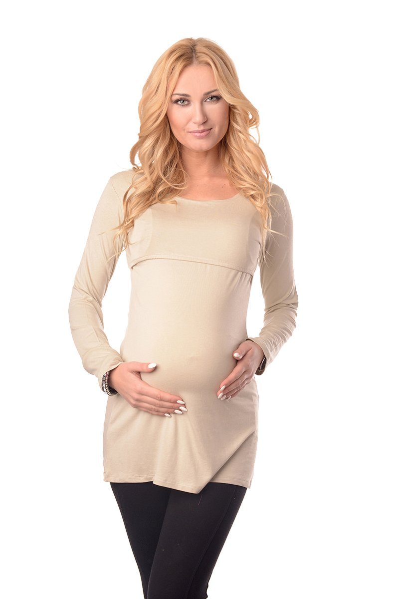 Purpless Maternity Women's Beige 2In1 Pregnancy And Nursing Round Neck Long Sleeves Breastfeeding Top Tunic 7021 (8, )