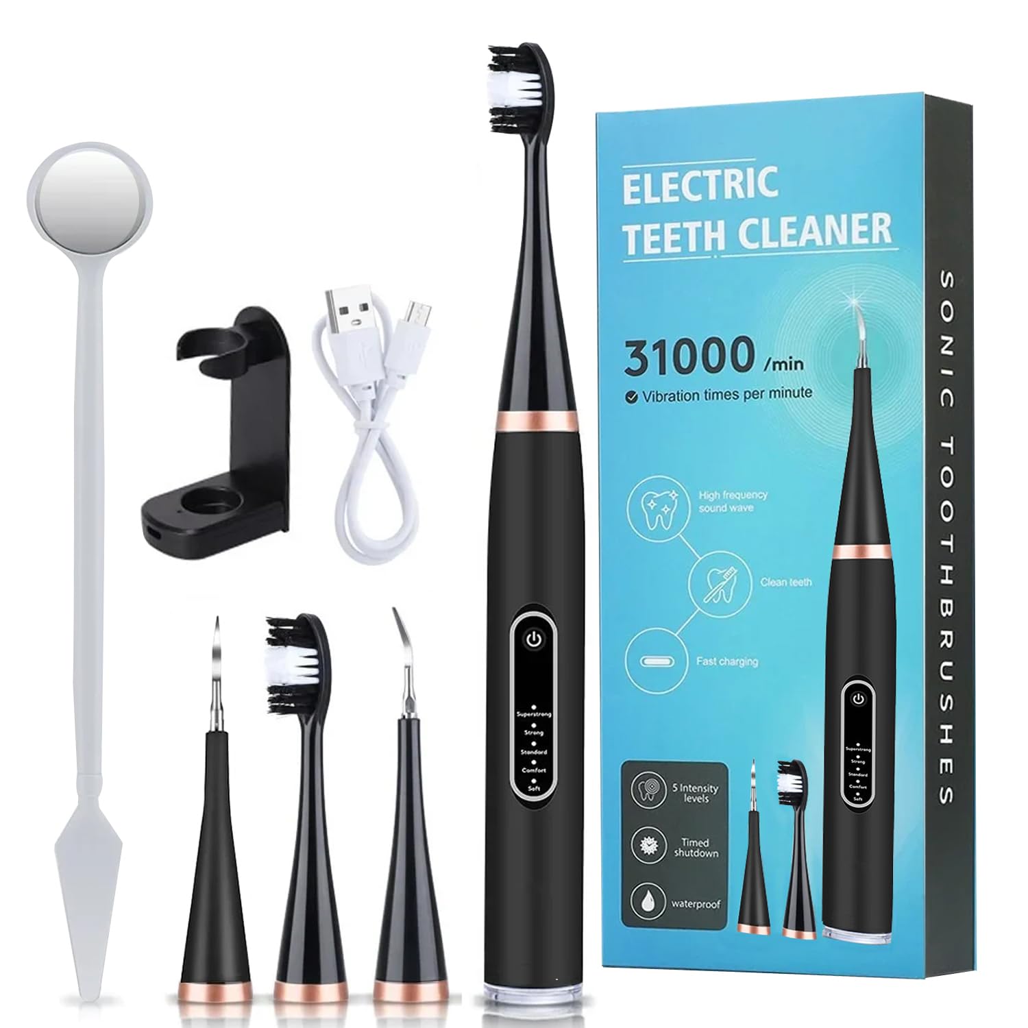 Obvie Sonic Electric Toothbrush for Adults, 5 Modes, Plaque removal for teeth, Teeth Whitening Kit 2 Brush Heads, 2 Cleaner & Battery Last up to 30 Days, IPX7, Electric Power Tooth brush (black)