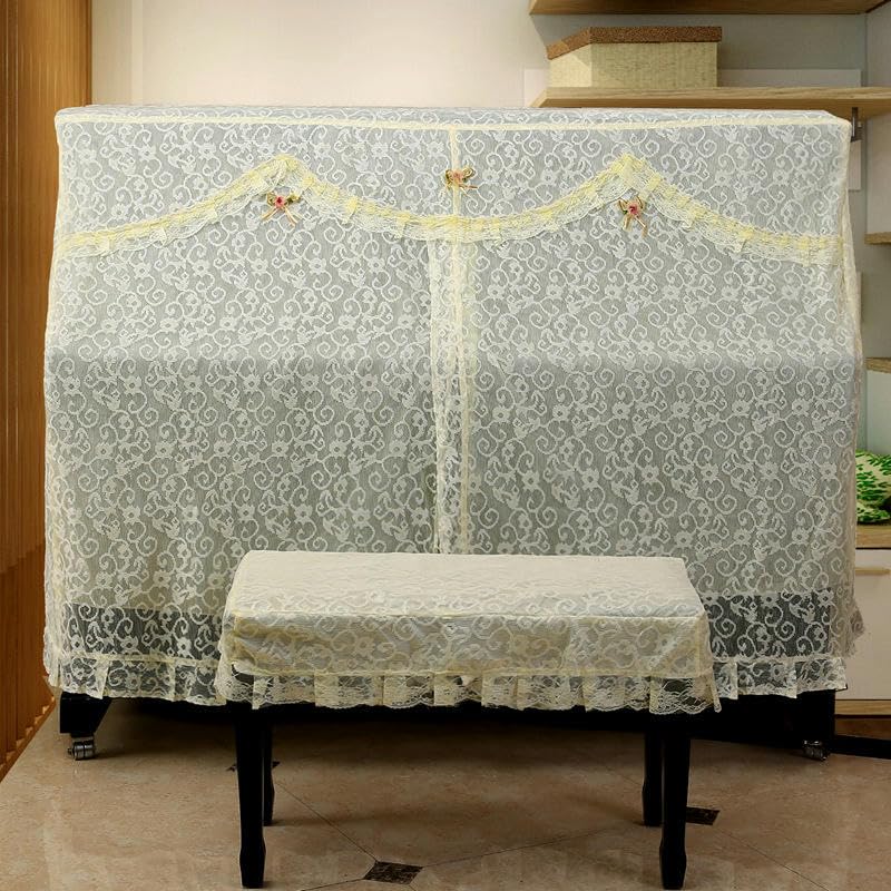 Klavier-Staubschutz, Klaviertastatur-Abdeckung, 150 x 120 x 40 cm, Spitzen-Rüschen-Staubschutz for aufrechte Klaviere mit Hocker-Abdeckung, vollständige Abdeckung for aufrechte Klaviere, Stoff-Sonnens