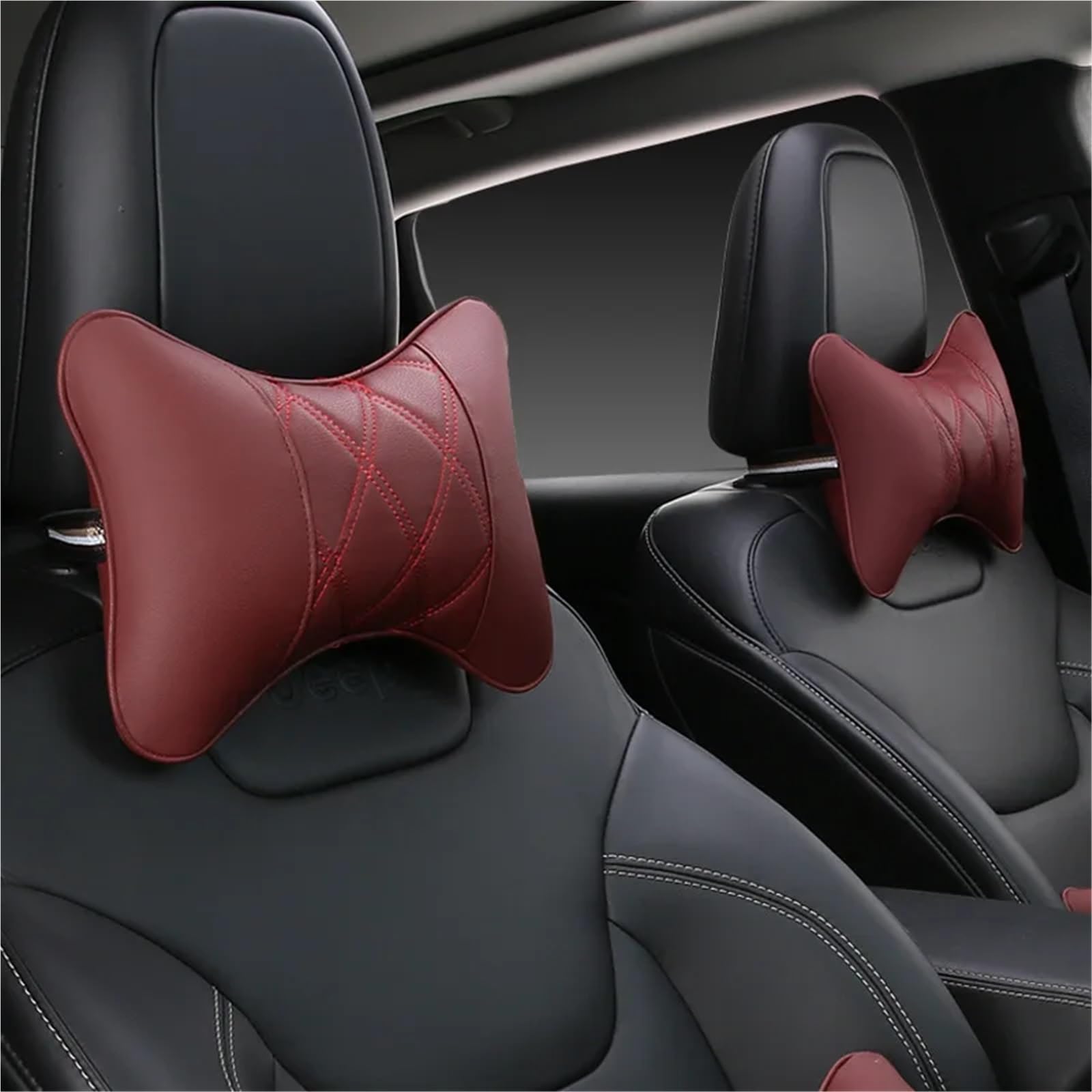 High-Elastic Headrest 2 almohadas cervicales para coche, de piel sintética, para ambos lados, reposacabezas, para aliviar el dolor de cabeza, rellenas de fibra.(Red)