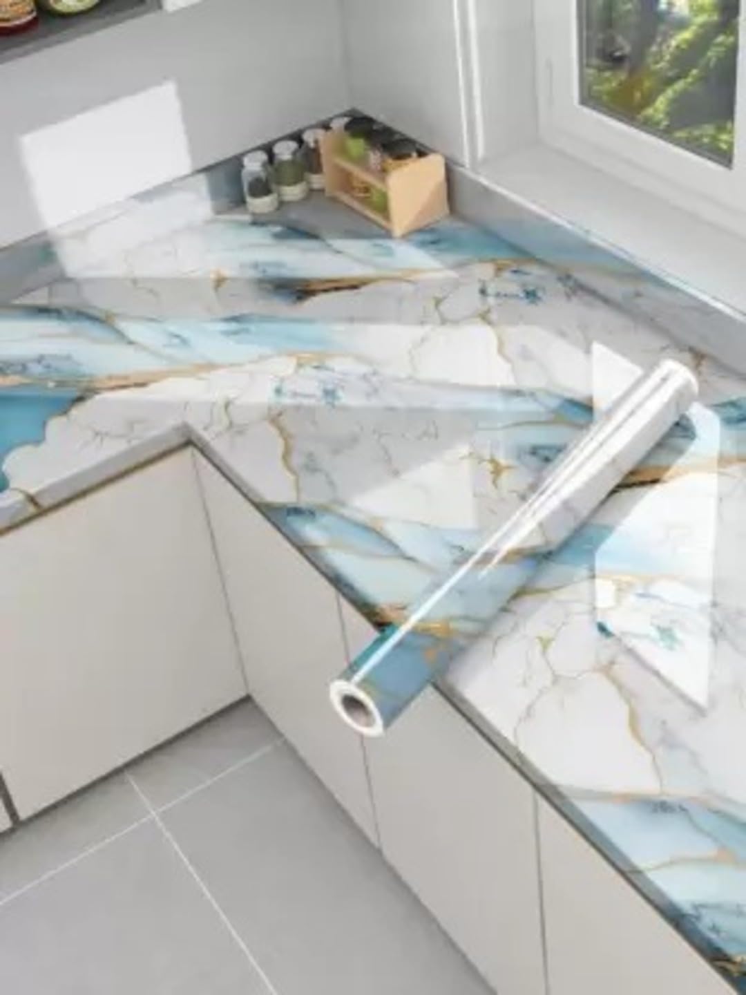 - Laxarious Kitchen Sticker Sheets for Shelves Oil Proof Waterproof self Adhesive Wallpaper Cupboard mats Liner roll for Kitchen Platform, Wardrobe (60X200cm) (Golden Line Sky) (Pack of 3)