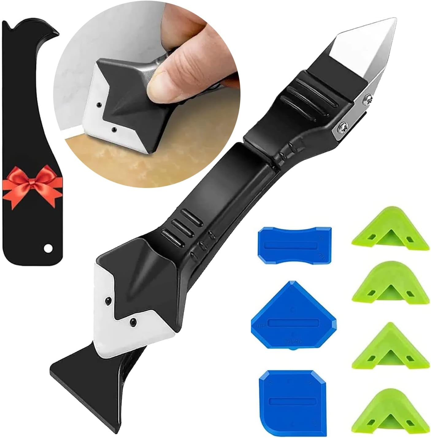 Silicone Sealant Tool Finishing, Caulking Tool Kit 3 in 1, FOLAI Silicone Sealant Remover Tool with Stainless Head&5 Replace Silicone&4 Grout Scrapers Pads for Kitchen, Bathroom, Wall, Floor, Tile