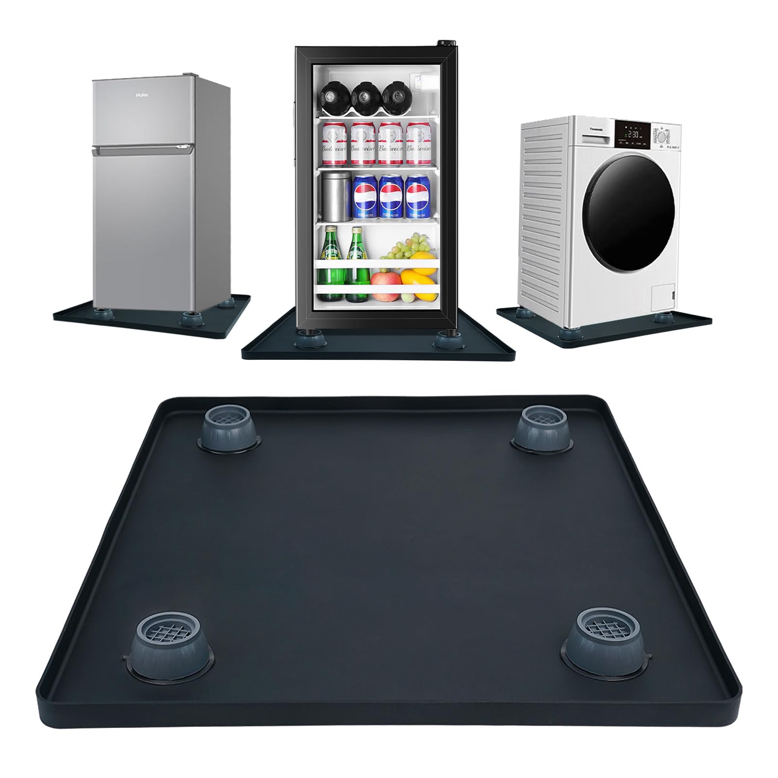 Mini Fridge Silicone Mat with 4 Base Raisers, 23.6"x23.6" Under Refrigerator Drip Pan Floor Protector - 0.8" Raised Edge Prevents Water Leaks &amp; Floor Damage for Fridge, Washer, Dryer, Wine Cooler