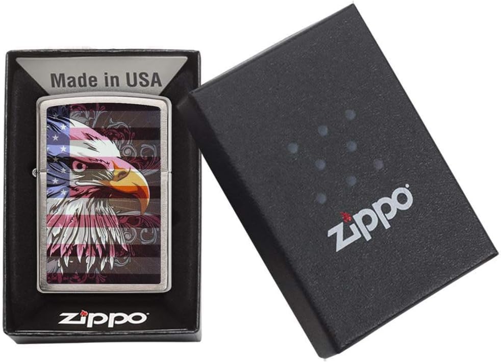 Zippo American Eagle and Flag Pocket Lighter, Brushed Chrome, Standard