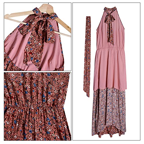 Temofon Women's Dresses Halter Neck Summer Boho Maxi Floral Print Backless Sleeveless Dress With Belt Dpink Flower S #TOP3