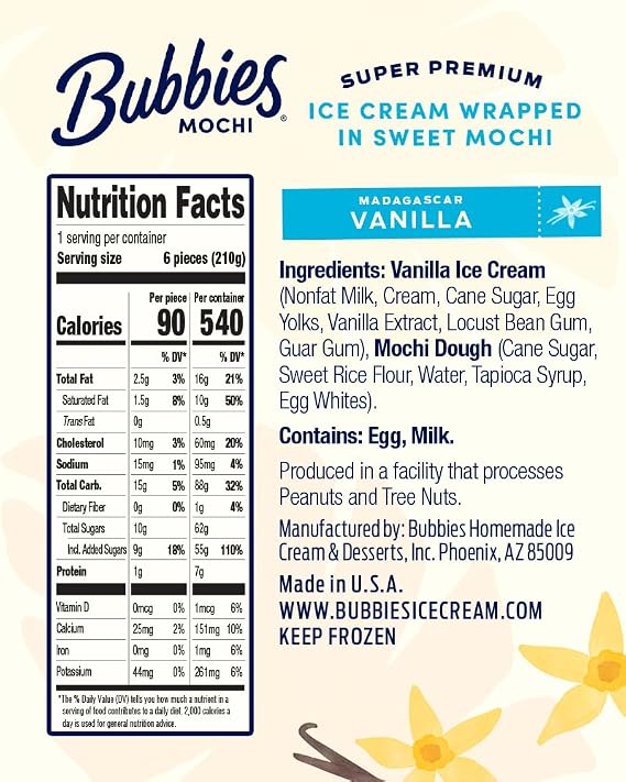 Bubbies Mochi Ice Cream, Madagascar Vanilla 7.5oz (Pack of 1)