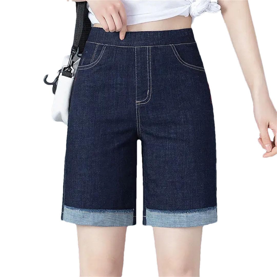 Damskie cienkie dżinsy dopasowane haftowane szorty z elastyczną talią vintage kieszeń luźna talia elastyczne spodnie, 8802-1, XL