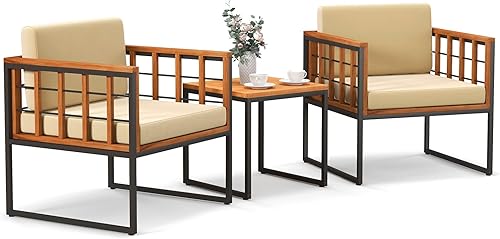 Tangkula Juego de sillas de patio de 3 piezas, juego de sofá de madera de acacia para exteriores con soporte de metal, asiento suave y cojines de