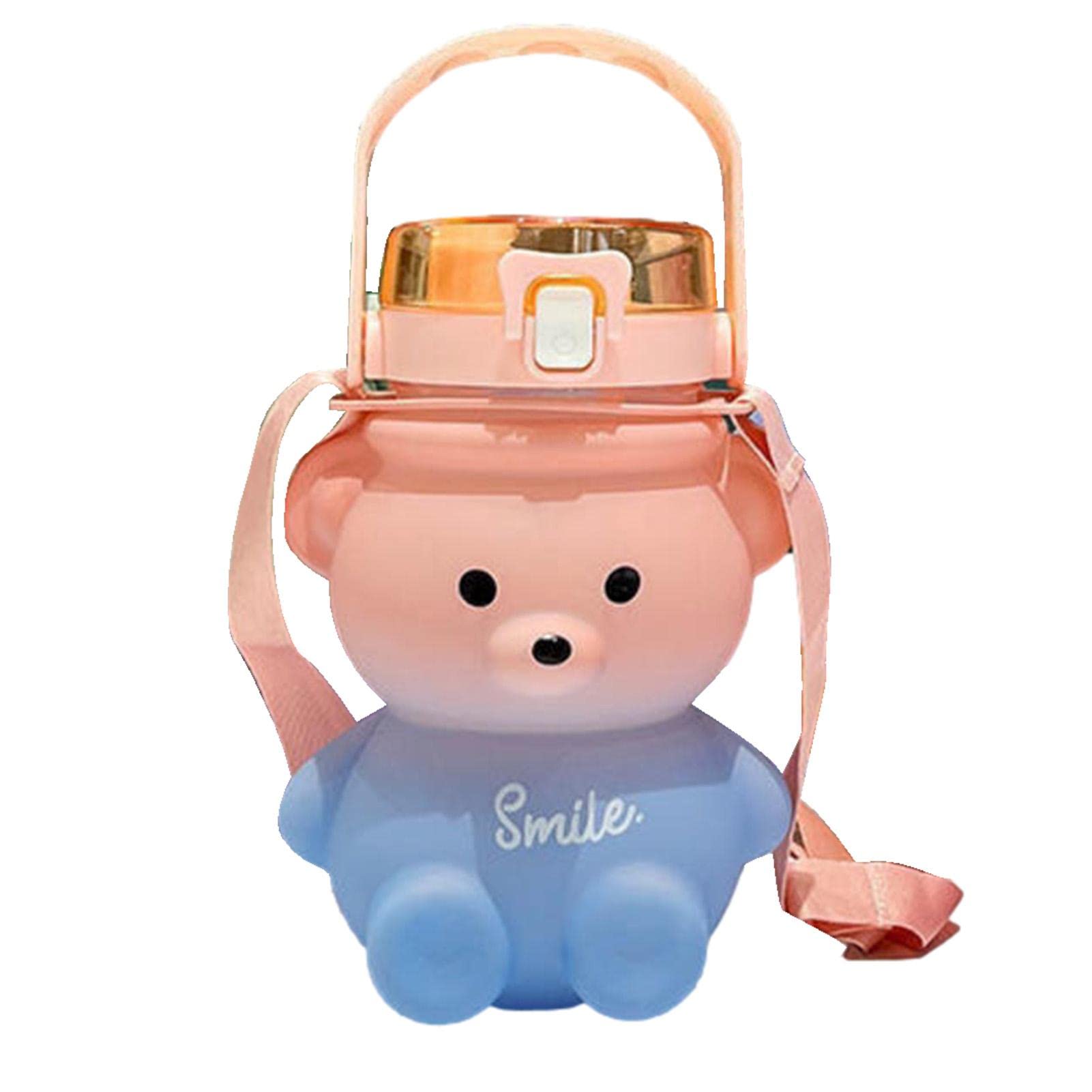 Joberio Hy Bear Straw Cup, Cute Cartoon Bear Straw Cup, 1L Two Way Drinking Straw Water Bottle, Spill Proof Gradient Color Water Cup with Adjustable Strap, Big Belly Water Bottle for Outdoor Use