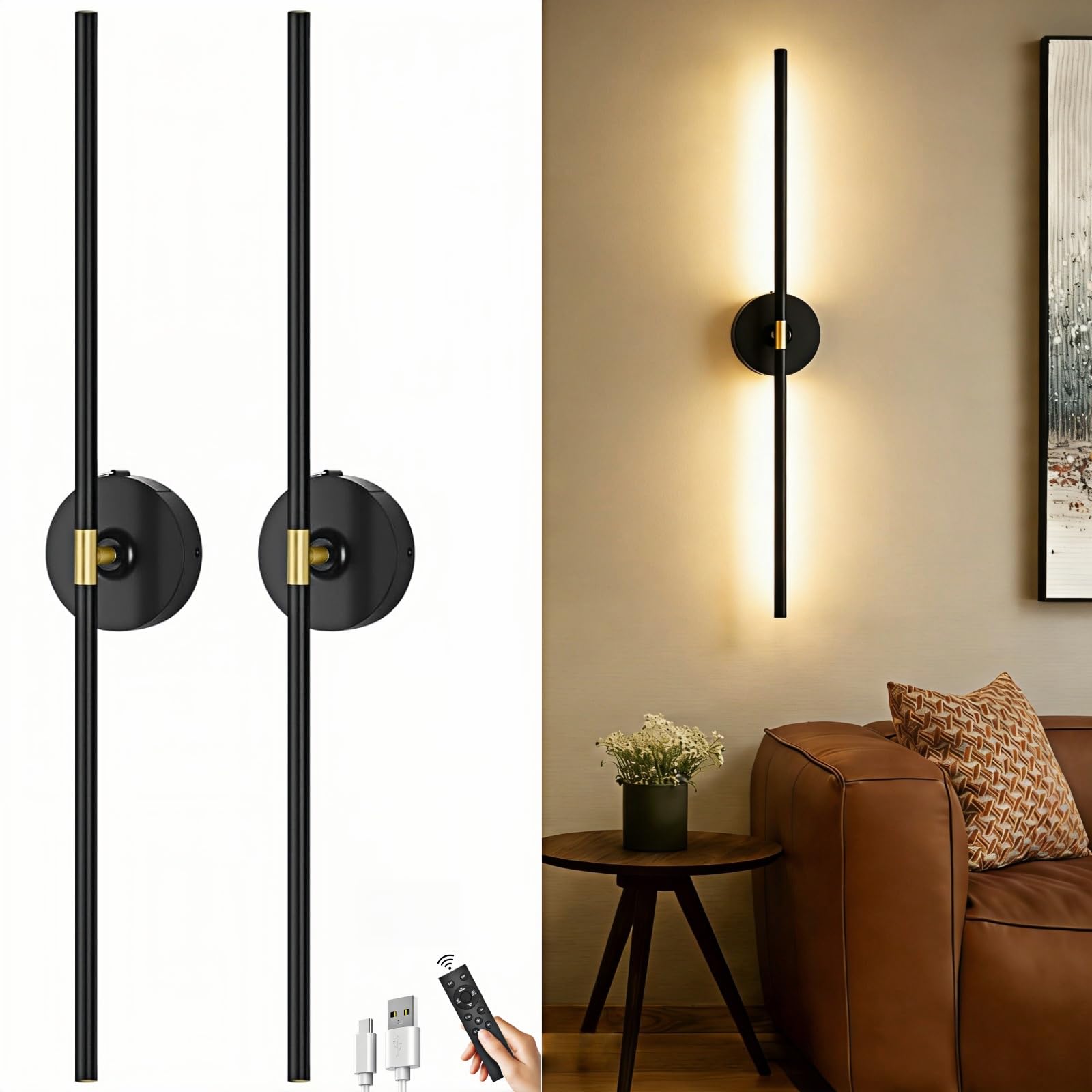 Photo 1 of 10000mAh Battery Operated Wall Sconce Set of 2: Wireless Sconces Rechargeable Wall Lights with Touch and Remote, 360° Rotate Cordless Wall Lamp for Bedroom Living Room Hallway, 31.5 Inch, Black