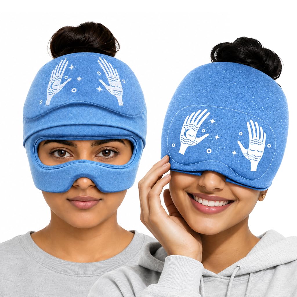HANNEA® Migraine Relief Cap Hot Cold Therapy Headache Hat with Eye Mask | With flip up eye mask and soft fabric top ponytail opening for nap sleep stress tension relief-image-43