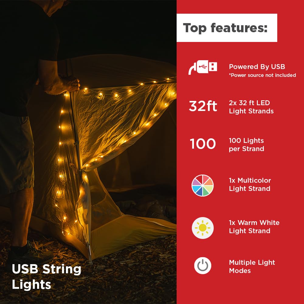 LuminAID Łańcuch świetlny LED, 2 sztuki, 9,8 m, ze 100 żarówkami LED na sznurek, ciepła biel i wielokolorowe z 8 trybami, idealne na kemping, podwórko, patio, do wewnątrz, na Boże Narodzenie