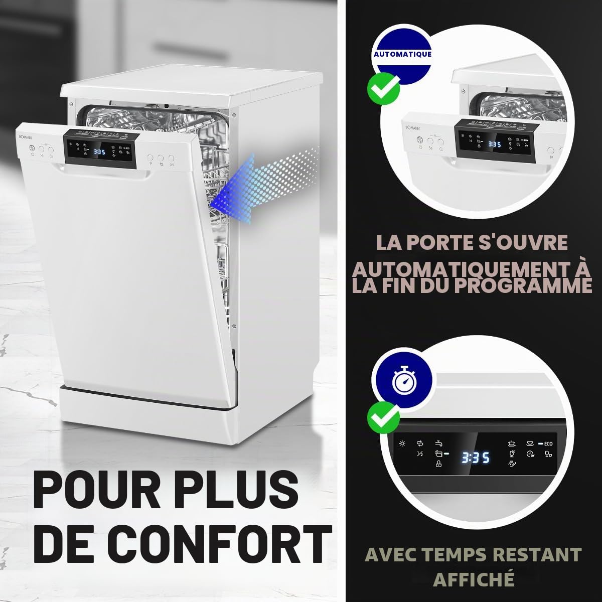 Bomann Lave-Vaisselle Encastrable 45 cm GSP7418-10 10 Couverts Blanc Acier Inoxydable 7 Programmes Affichage LED Sécurité Enfant 47 dB