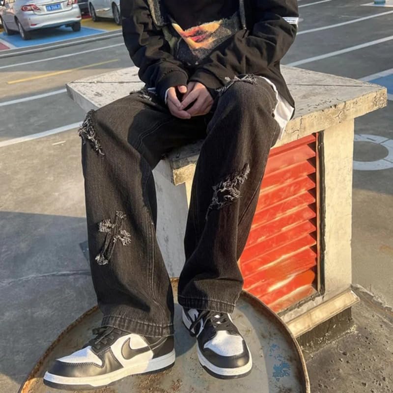 Hip Hop Streetwear Y2k Mens Pants High Street Jeans Baggy Loose Straight Casual Pants Male Cross Patch Trousers (Black,XXL,X-Large)3