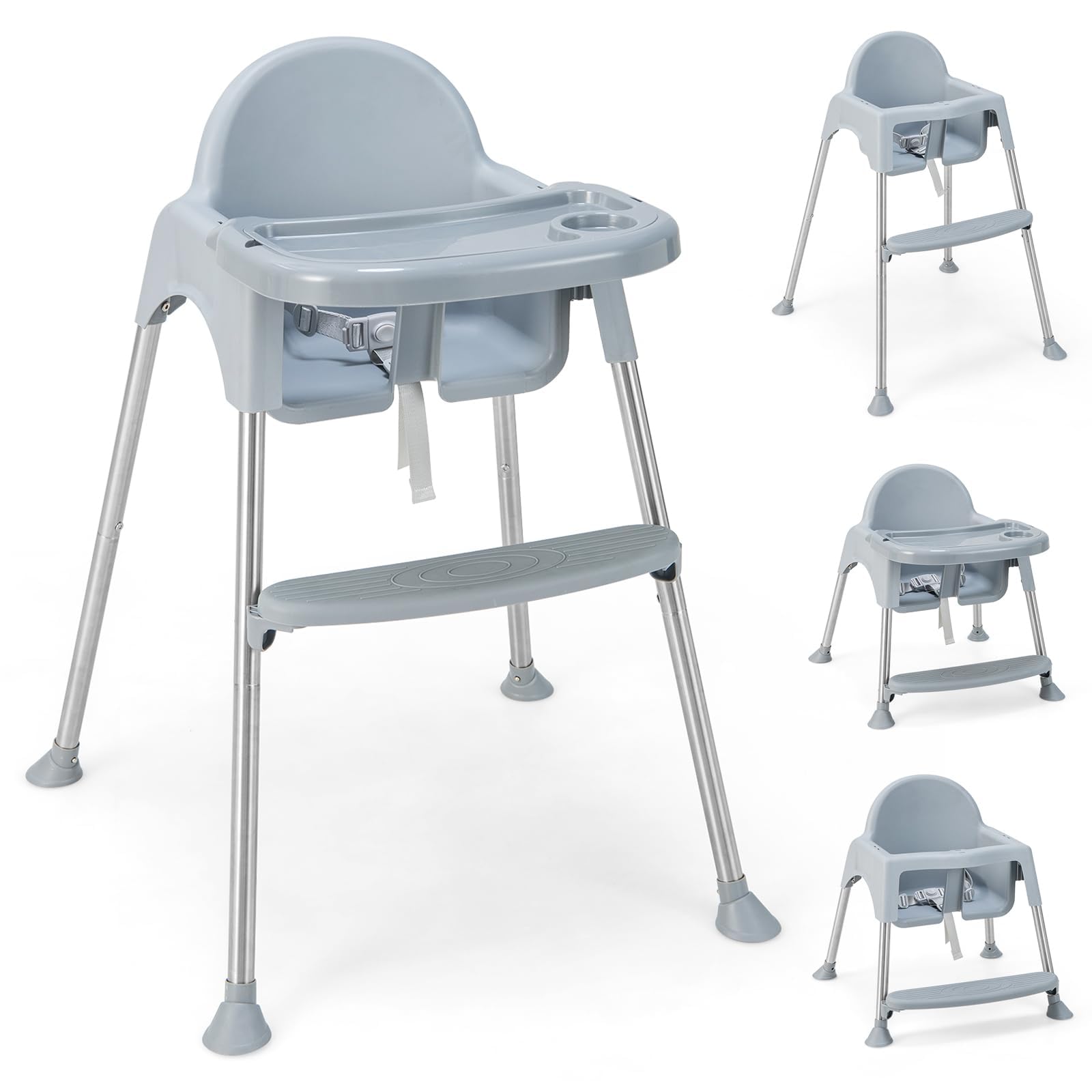 COSTWAY Trona 4 en 1 de polipropileno y acero inoxidable, convertible con bandeja doble extraíble, cinturón de seguridad de 3 puntos, silla para bebés de 6 a 36 meses (gris)
