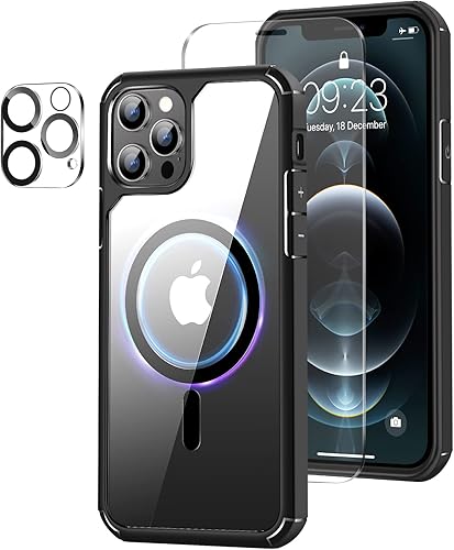 Amizee Funda magnética compatible con iPhone 12 Pro Max compatible con MagSafe con protector de pantalla y protector de lente de cámara, parte