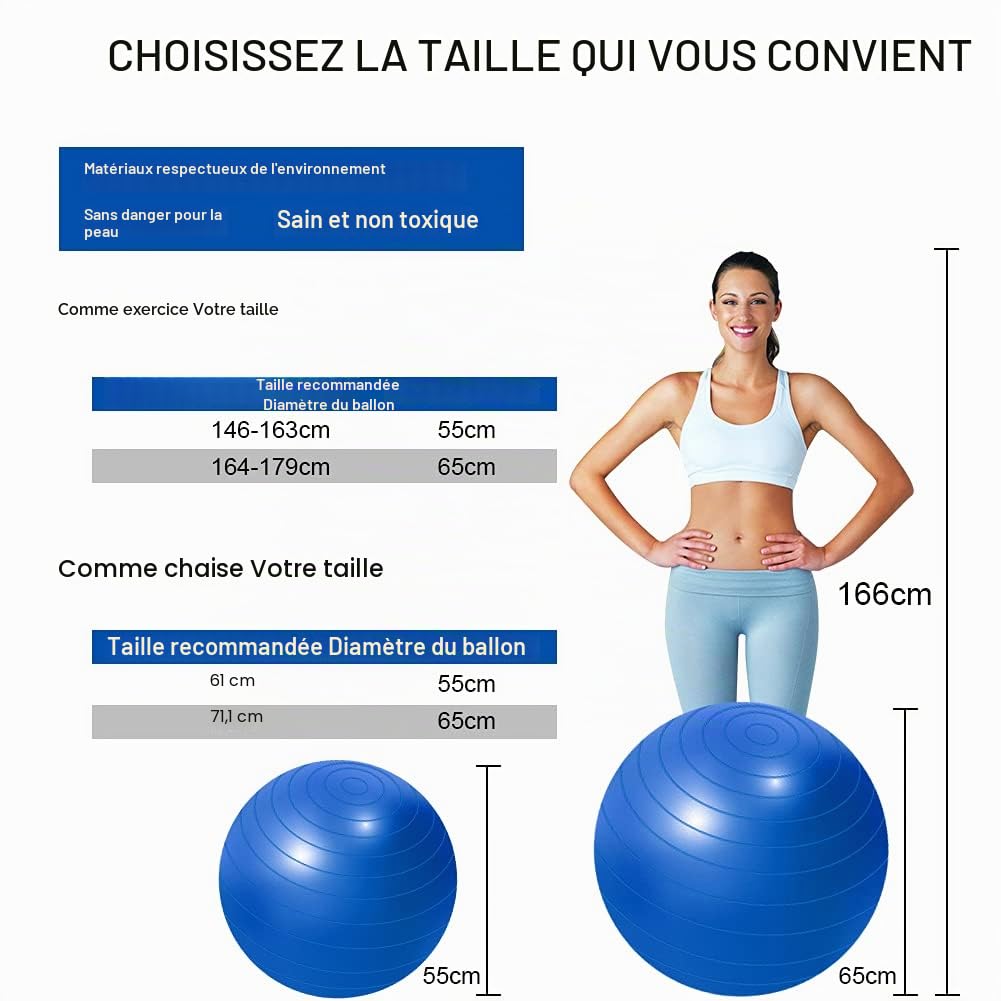 Flintronic Ballon Fitness Anti-Explosif Ultra-Épais avec Pompe Pied, Balle de Yoga 65/55cm