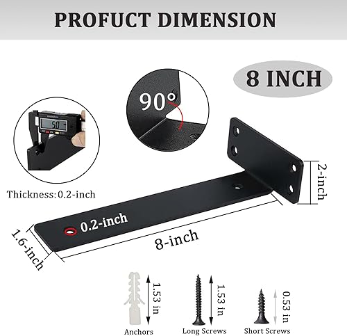 Miniatura 2 de AYAYGD Paquete de 4 soportes de estante en L negros de 8 pulgadas, soportes de metal resistente de 15 pulgadas de grosor, soporte de estante