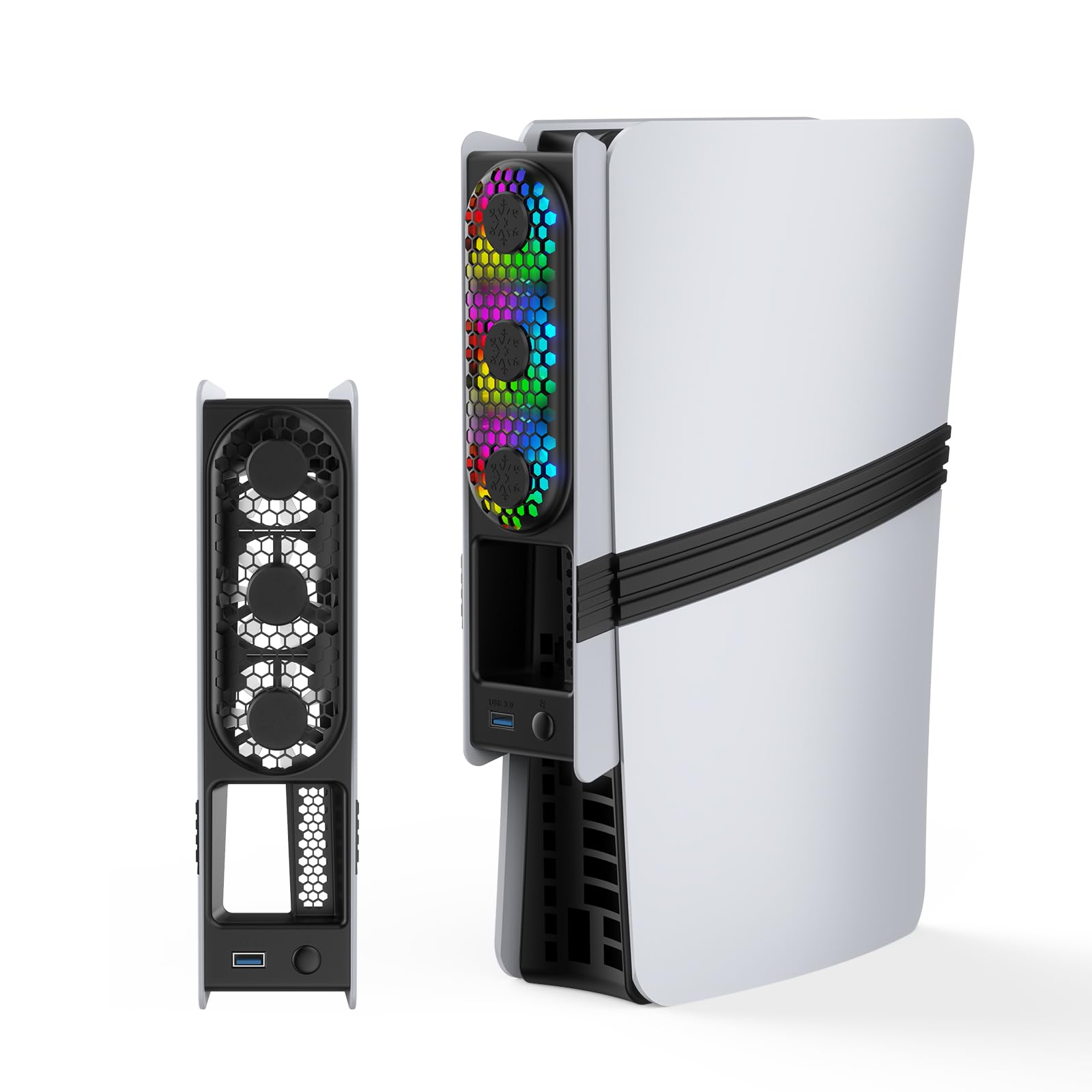 Ventola di raffreddamento RGB per PS5 Pro/PS5 Slim - Controllo automatico della temperatura, 5 modalità di illuminazione, porta USB 3.0, compatibile con Disc & Digital Edition (nero)