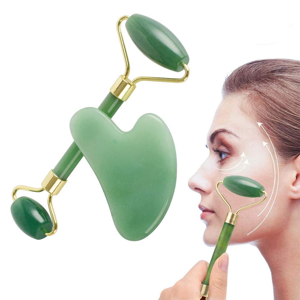 Masajeador con rodillo de jade Cara Gua Sha Set Crema for el cuidado de la piel Terapia antienvejecimiento Piedra de jade natural Herramientas antiarrugas y rejuvenecedoras de la piel for cara Ojo Cue