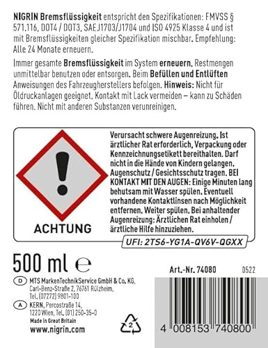 NIGRIN Bremsflüssigkeit DOT4, Hochleistungsformel, Siedepunkt 260°C, optimiert Bremsdruckkontrolle, 500 ml