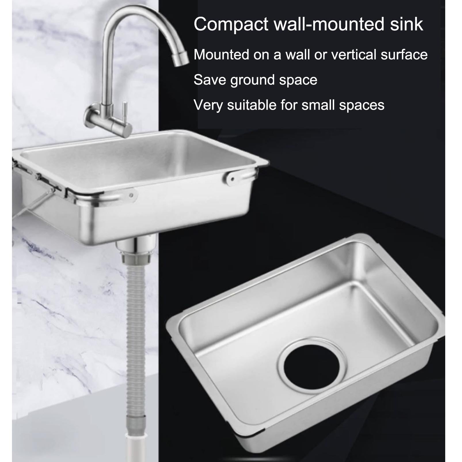 Genérico Lavabo de Mano de Acero Inoxidable, Fregadero utilitario Compacto | Fregadero de pared con soporte triangular, kit de drenaje completo y herrajes, ahorro de espacio para baño pequeño