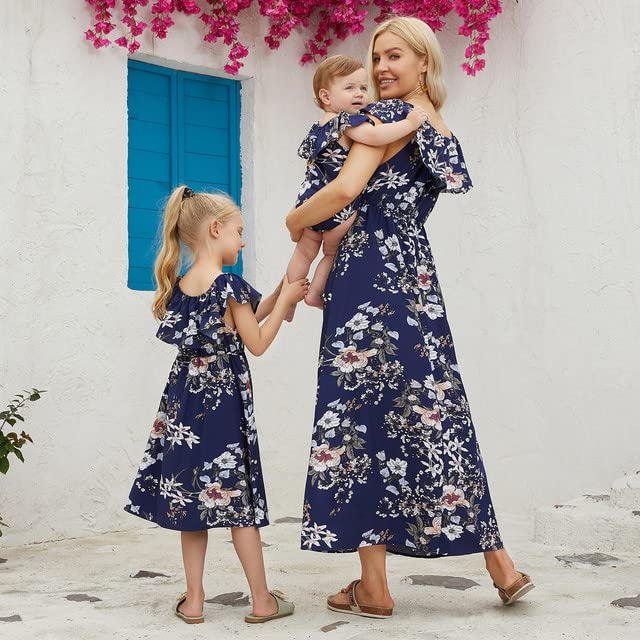 PopReal Mommy and Me Dresses Floral Printed Chiffon Bowknot Ruffles Short Sleeve Beach Mom Daughter Matching Outfits3