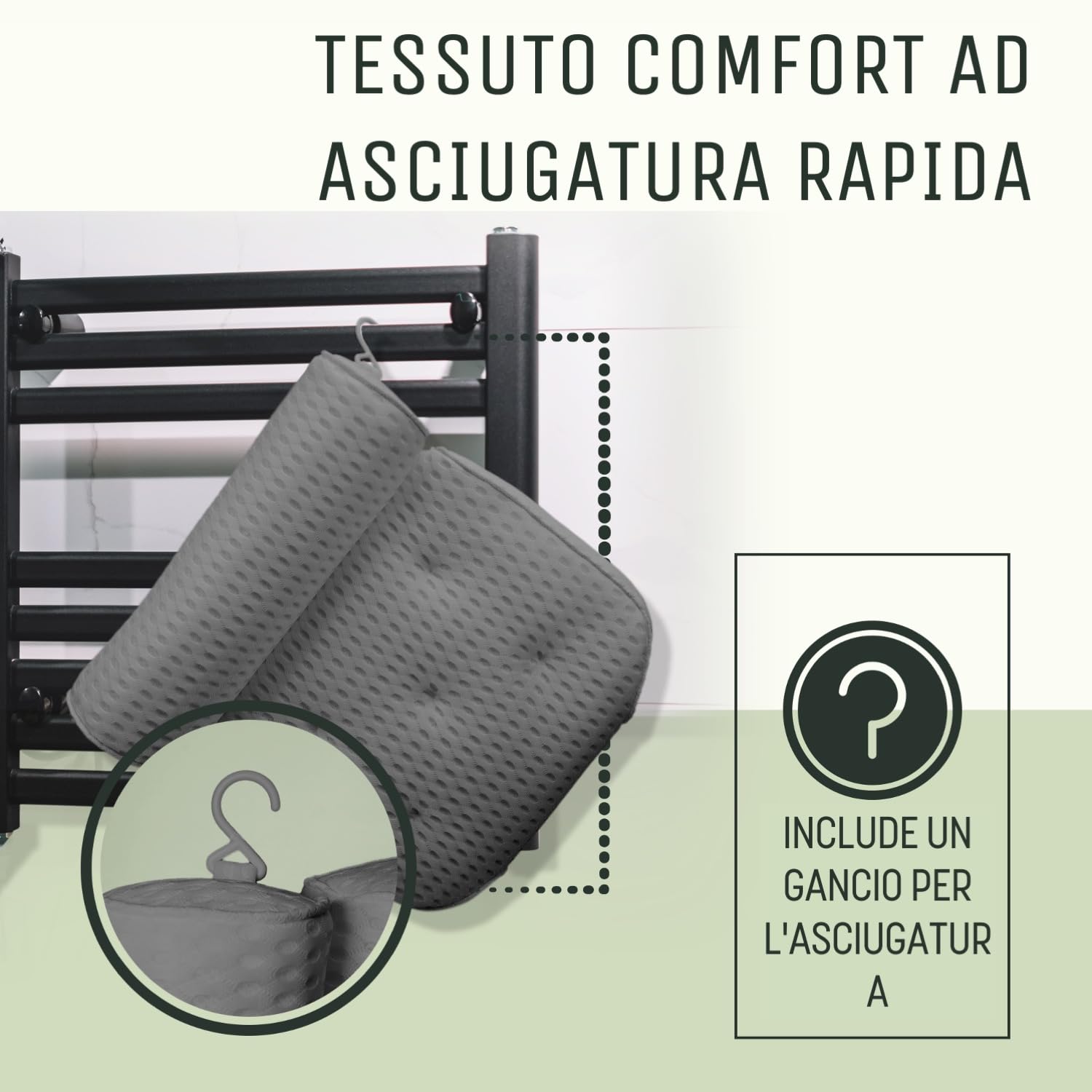 Cuscino vasca da bagno di alta qualità con supporto per il collo -Solida connessione assorbente e pratici ganci per un montaggio stabile - Accessori da bagno (Bianco piazza