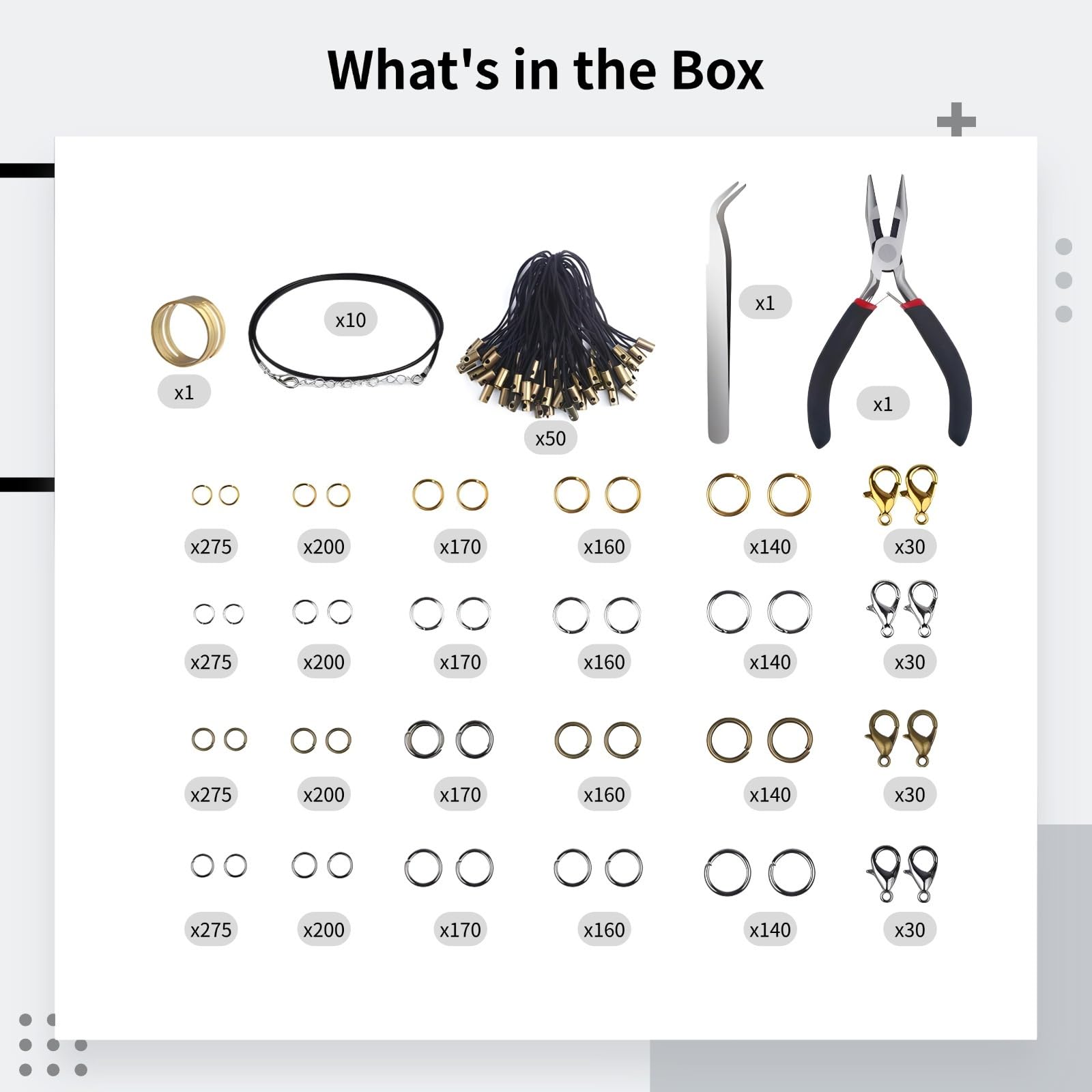 Biegeringe zur Schmuckherstellung mit offenen Ringen in 4 Farben, Schmuckzange, Ketten, Verschlüsse und mehr